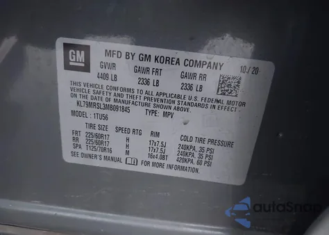 2021 Chevrolet Trailblazer Awd Lt z USA, uszkodzony, nr VIN KL79MRSL3MB091845